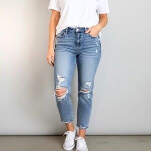 Willow & Root  The Mom Jean Blue Denim Jeans Medium Wash Distressed Women's 30